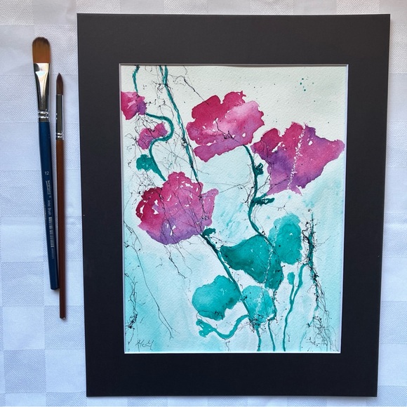 Abstract Wildflower Poppy Floral Original Watercolor Wall Art Painting